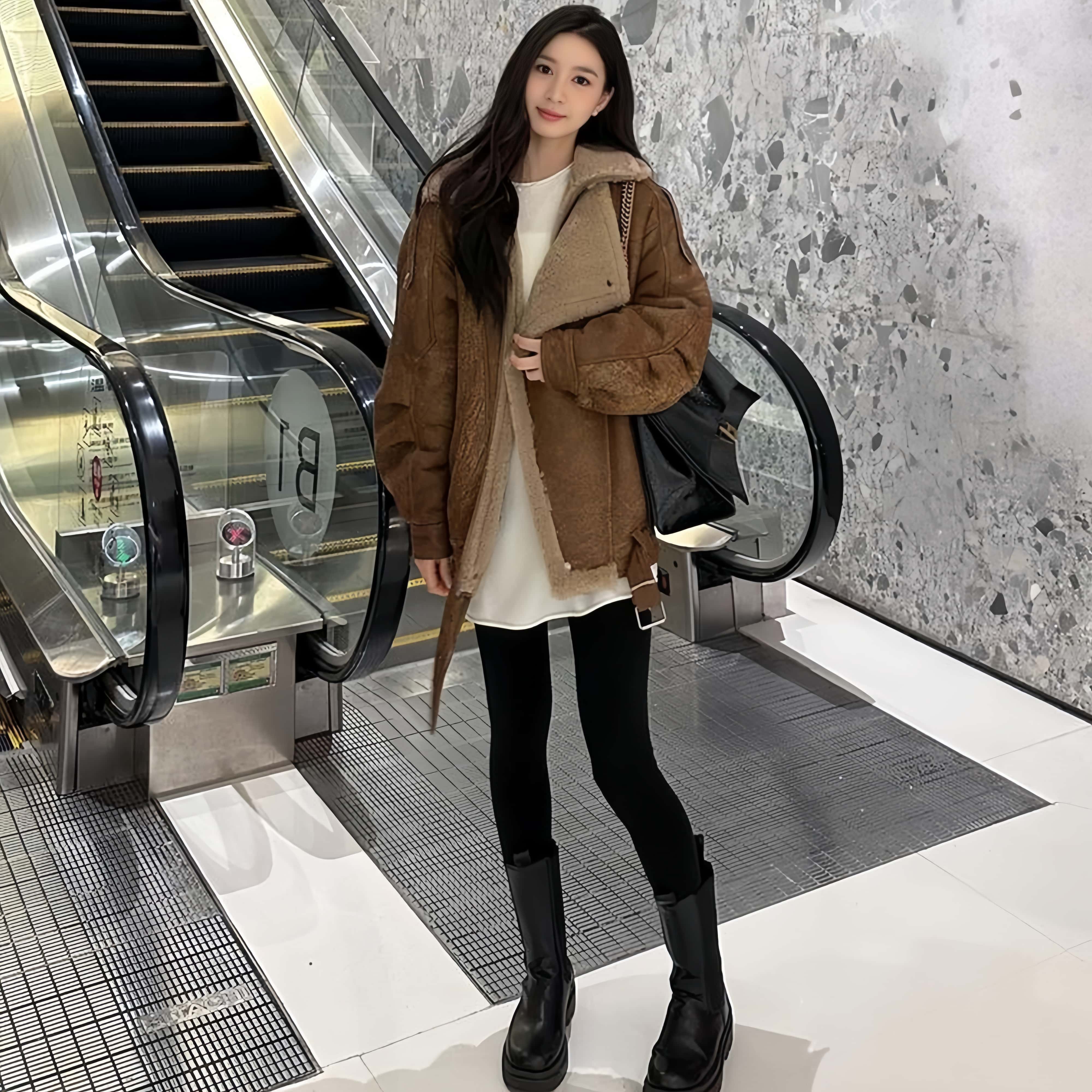 겨울 터틀넥 기모 자켓 무스탕 스웨이드 루즈핏 털코트 - 상세 이미지 2