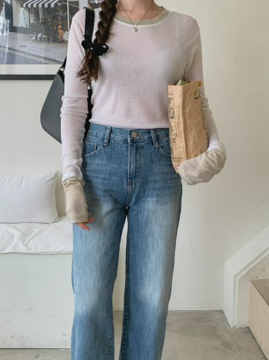 스트릿 기본 일자 세미와이드 중청 청바지 팬츠 상세 이미지 5