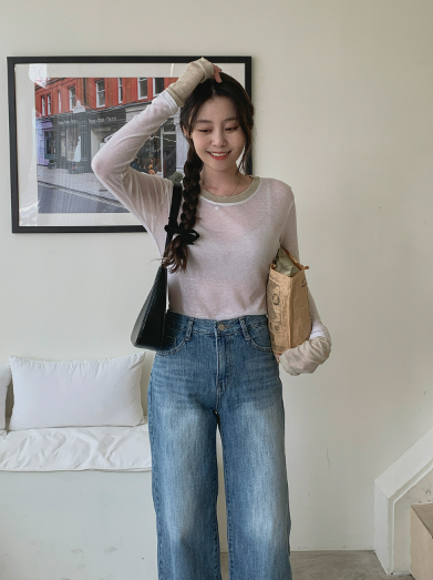 스트릿 기본 일자 세미와이드 중청 청바지 팬츠 상세 이미지 4