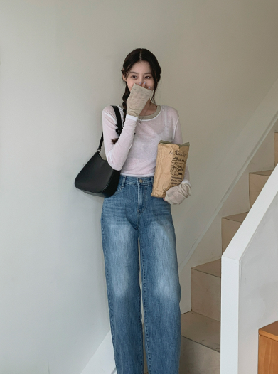 스트릿 기본 일자 세미와이드 중청 청바지 팬츠 상세 이미지 14