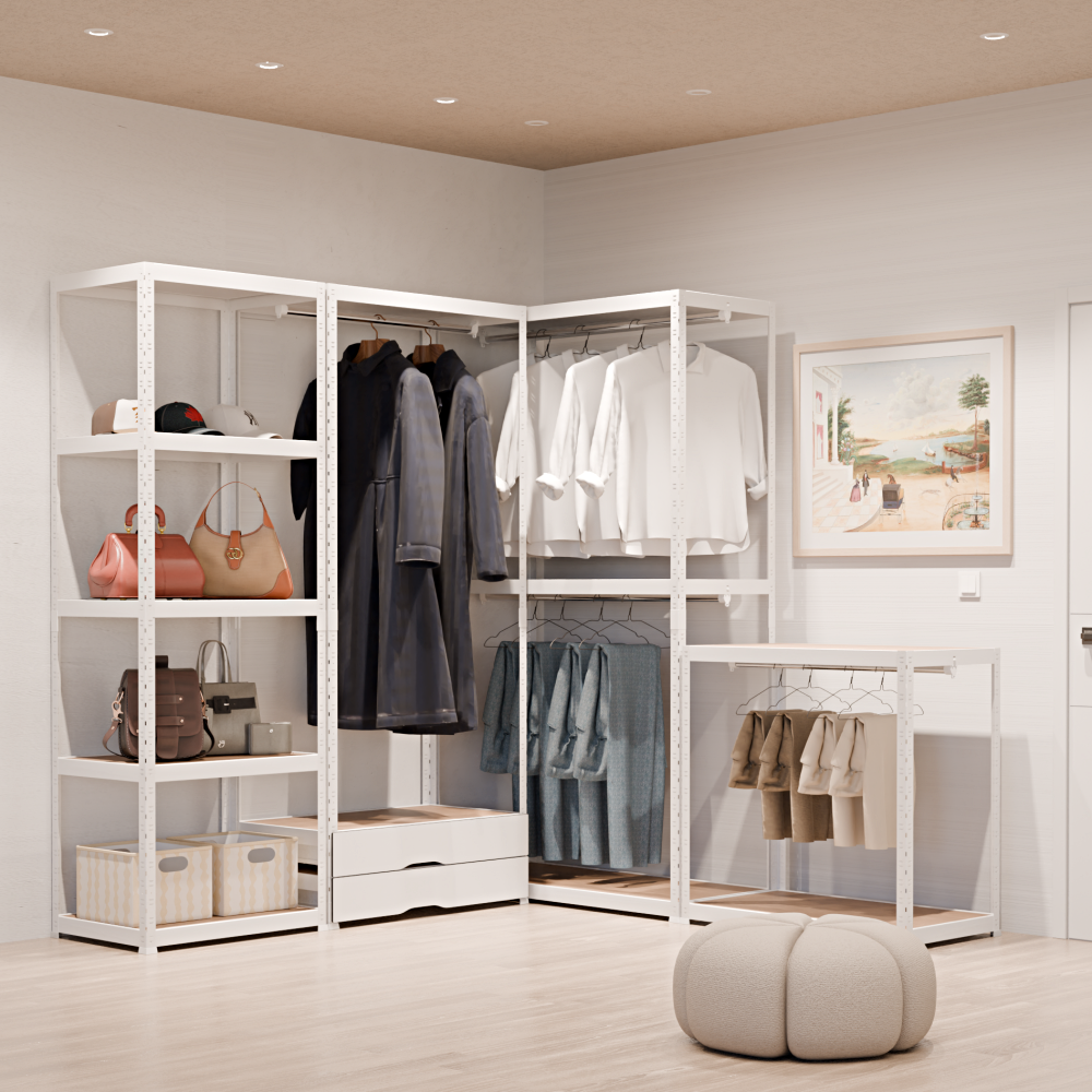 랙셈블 시스템행거 맞춤형 철제 조립식 드레스룸 옷걸이 옷장 오픈형 ㄱ자형 B타입