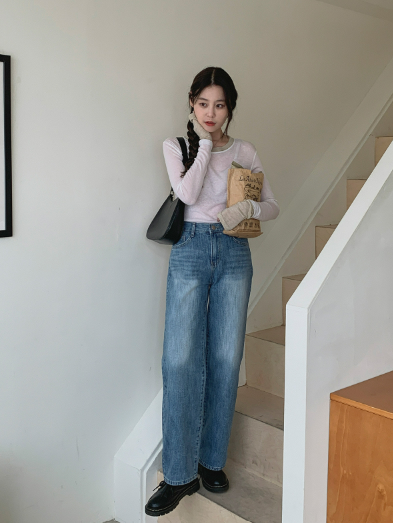 스트릿 기본 일자 세미와이드 중청 청바지 팬츠 상세 이미지 12