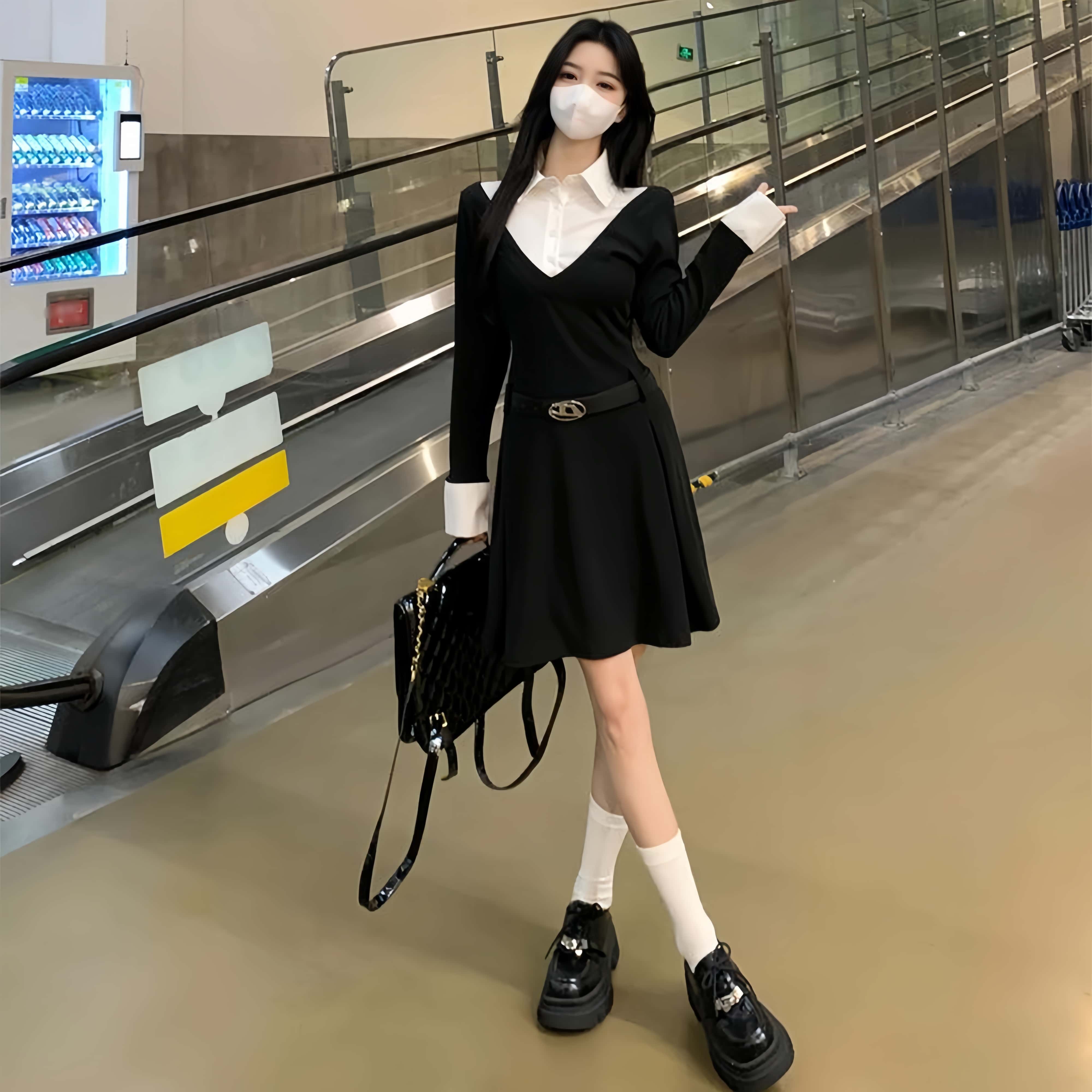 빅사이즈 레이어드 니트 셔츠 원피스 여성 슬림핏 스쿨룩 원피스[벨트 무료 선물]