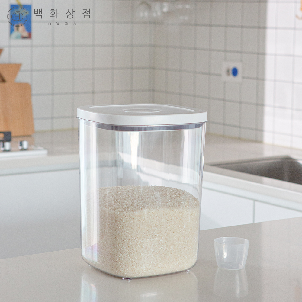백화상점 원터치 밀폐 투명 쌀통 보관 냉장고 잡곡 보관함 10kg, 화이트 - 상품 이미지