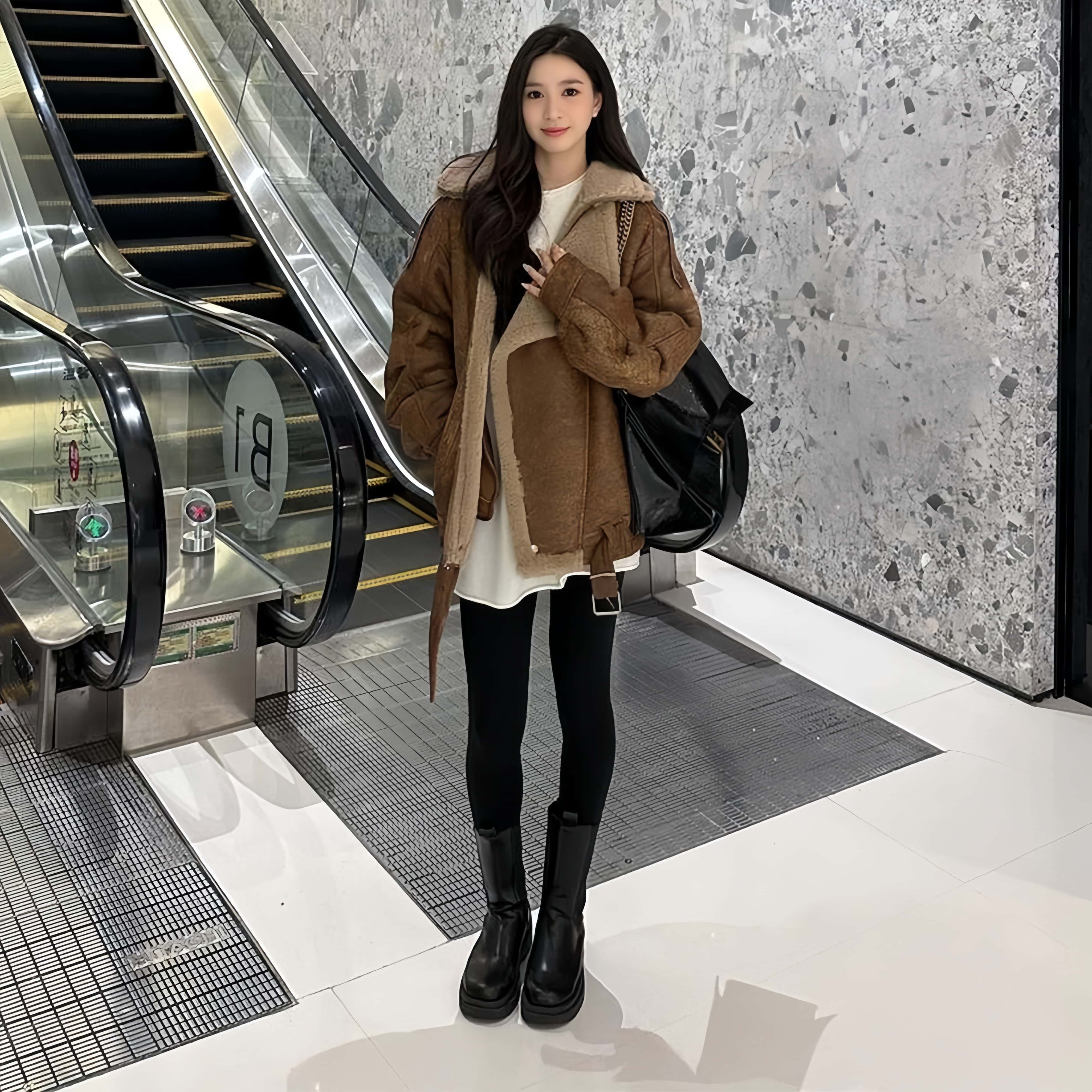 겨울 터틀넥 기모 자켓 무스탕 스웨이드 루즈핏 털코트 - 상세 이미지 3