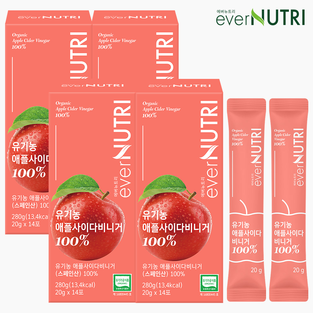 에버뉴트리 유기농 애사비 100% 스페인산 애플사이다비니거 280ml, 4개