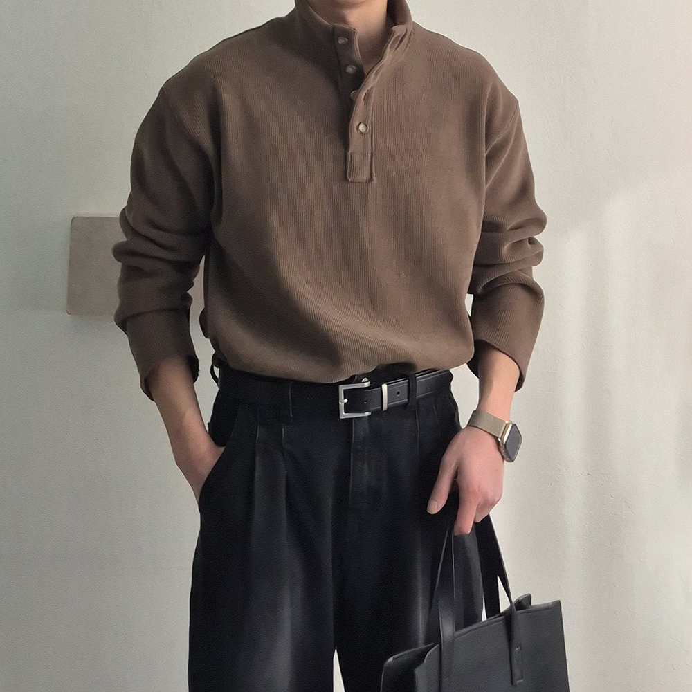 남자 기모티셔츠 오버핏 골덴 피케 카라 긴팔 티셔츠 - 상품 이미지