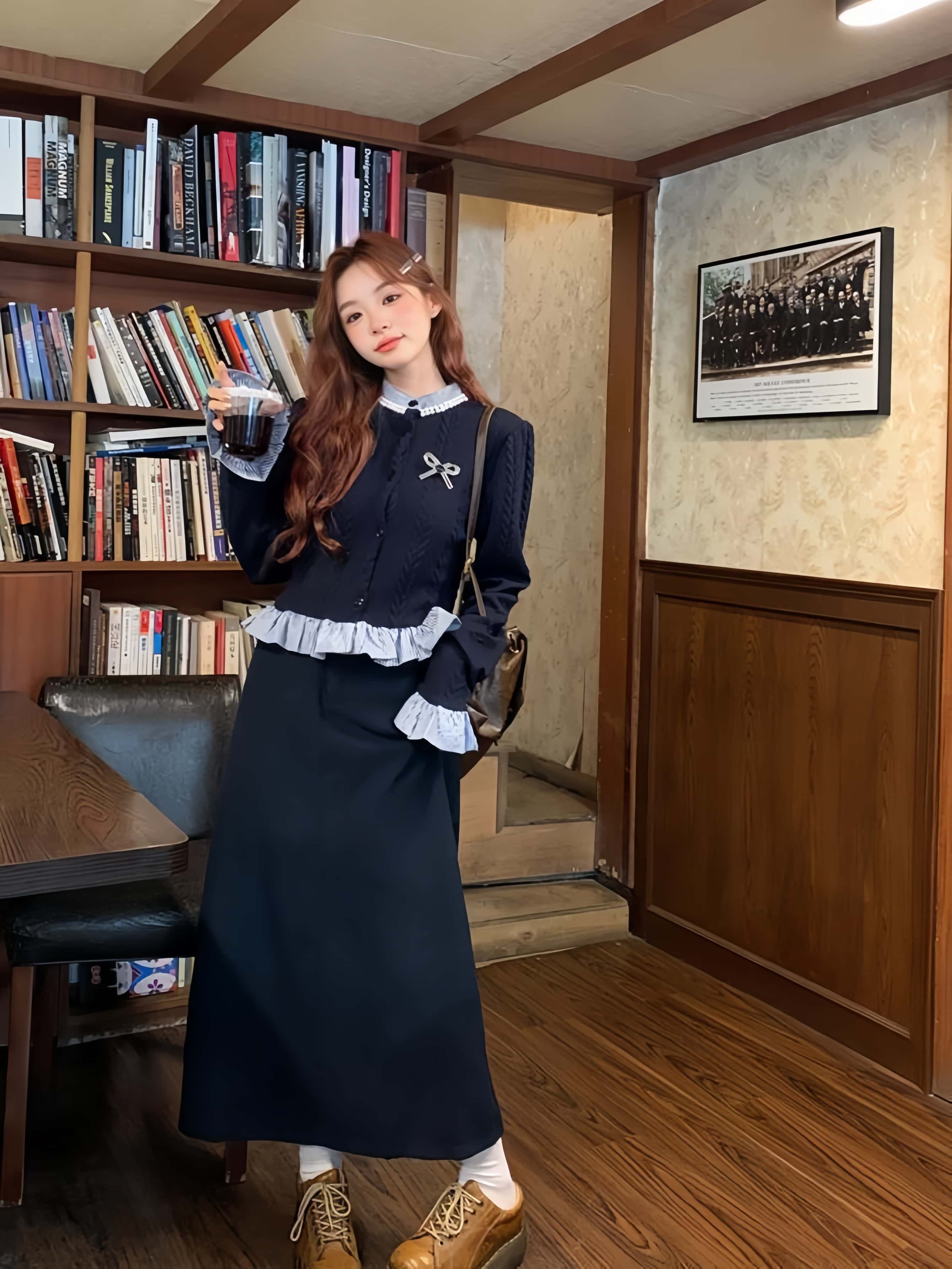 스쿨룩 레이어드 니트티 정장 스커트 투피스 - 상세 이미지 4