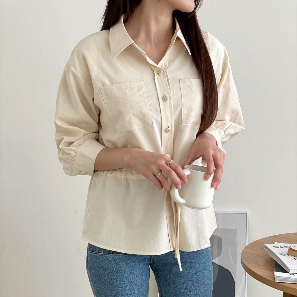 옷자락 여자 봄 스트링 칠부 투포켓 버튼 셔켓 코튼 자켓 - 상품 이미지