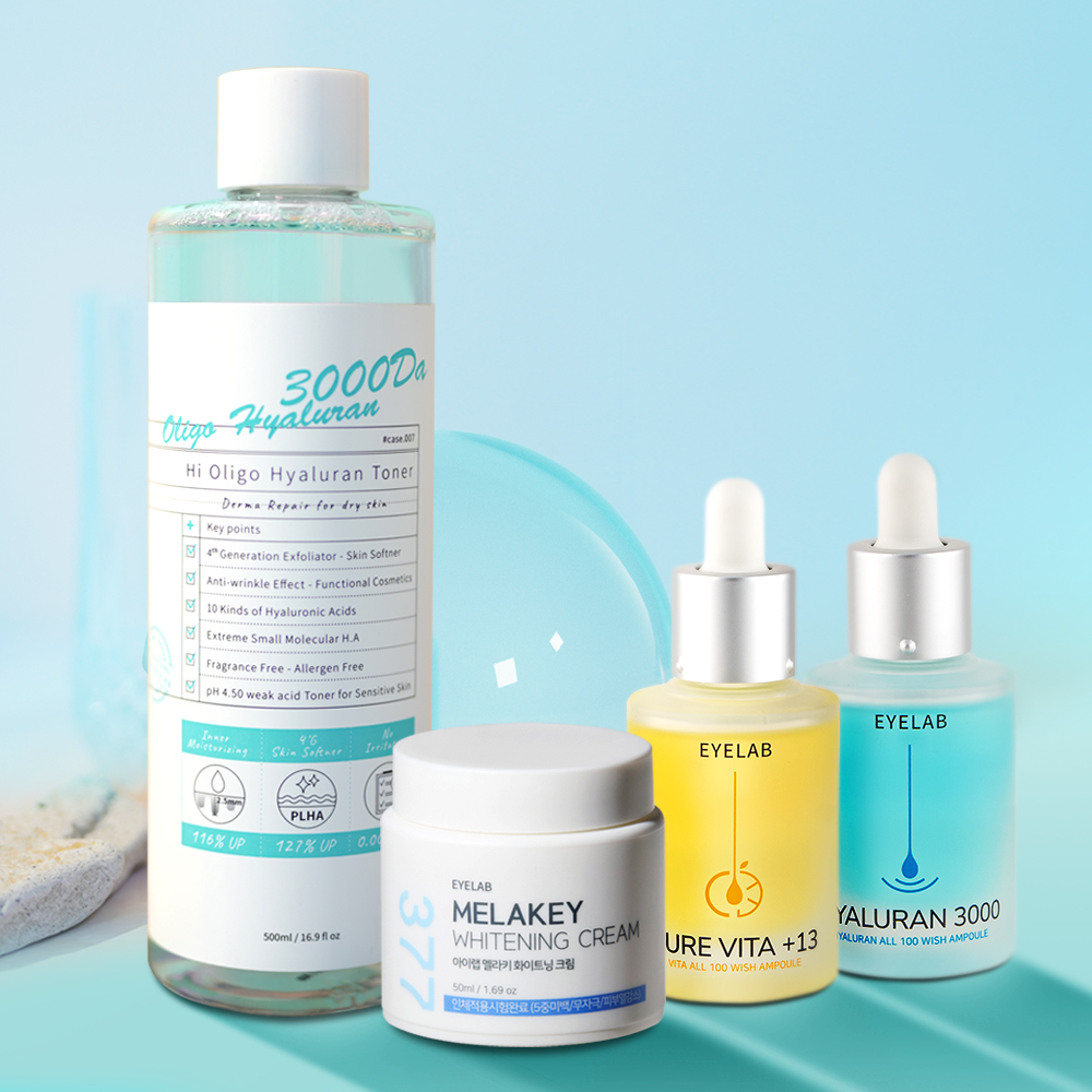아이랩 미백+보습 기초 세트 (하이올리고 수분 토너 500ml+응축 히알루론산 보습 앰플 30ml+순수 비타민 미백 앰플 30ml+아이랩 멜라키 화이트닝 크림 50ml, 각 1개) - 메인 이미지