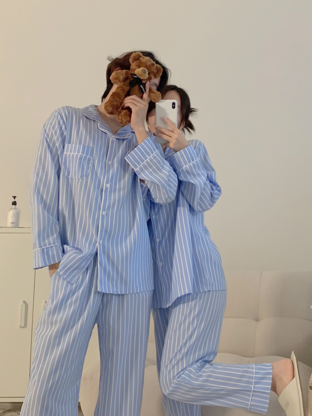 실크느낌 로맨틱 스트라이프 잠옷 커플 빅사이즈 파자마 세트 이미지 3