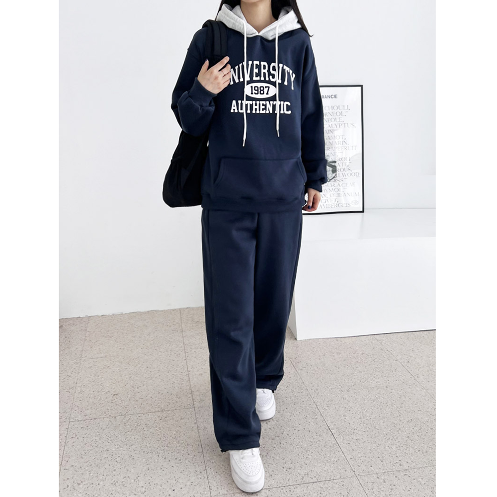 스웻셋업 겨울 체육복 여자 기모 후드 와이드 트레이닝팬츠 세트