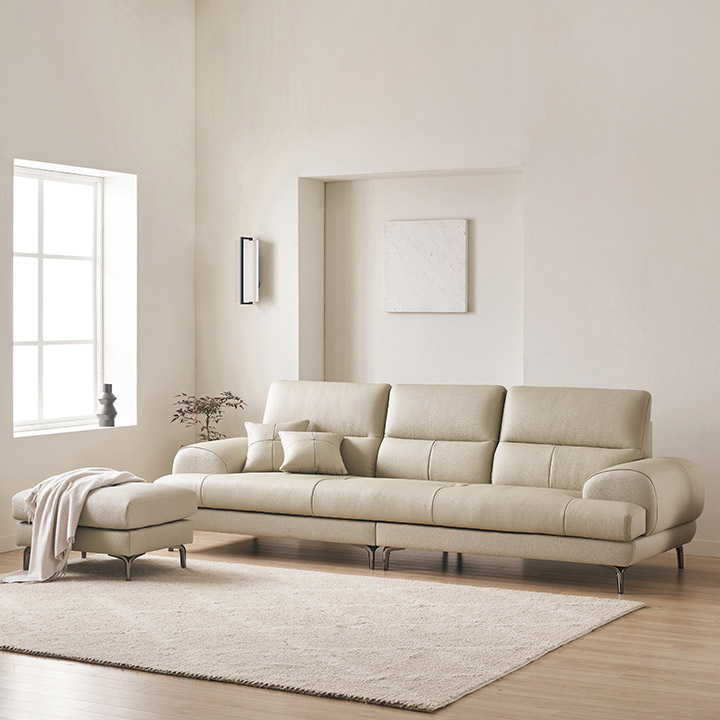 삼익가구 베이번 천연 통가죽 소파 스툴포함, 라이트베이지, 4인용