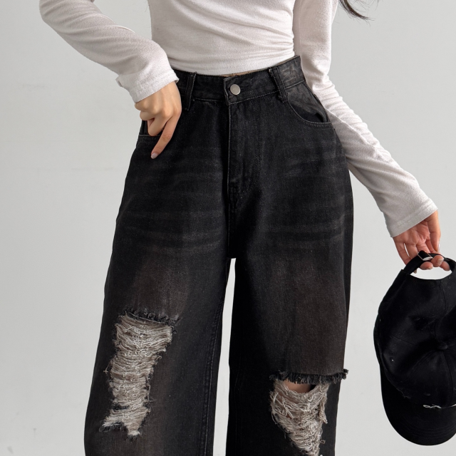 여성 롱팬츠 구제 힙무드 하이웨스트 데미지 워싱 와이드 팬츠 무파진 찢청 빈티지 데님팬츠 - 상세 이미지 3