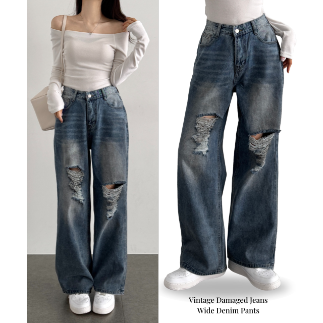 여성 롱팬츠 구제 힙무드 하이웨스트 데미지 워싱 와이드 팬츠 무파진 찢청 빈티지 데님팬츠 - 상품 이미지