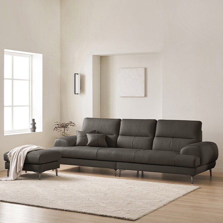 삼익가구 베이번 천연 통가죽 소파 스툴포함, 머드그레이, 4인용