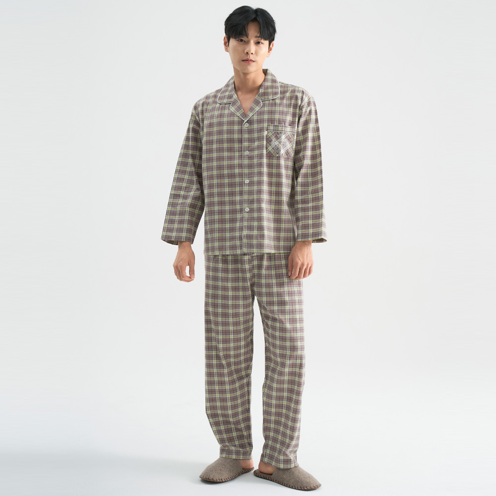 연두체크 피치기모 순면 남성 잠옷 파자마 바지 - 상품 이미지