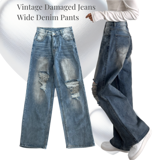 여성 롱팬츠 구제 힙무드 하이웨스트 데미지 워싱 와이드 팬츠 무파진 찢청 빈티지 데님팬츠 - 상세 이미지 4