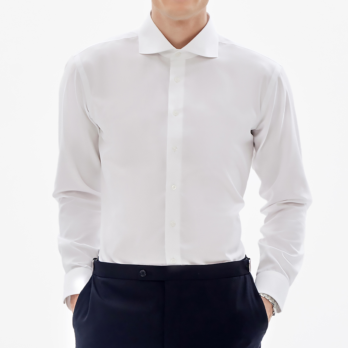 어반트 와이드카라 화이트 솔리드 긴팔 셔츠, 다림질 필요없는 구김없는 링클프리 와이셔츠