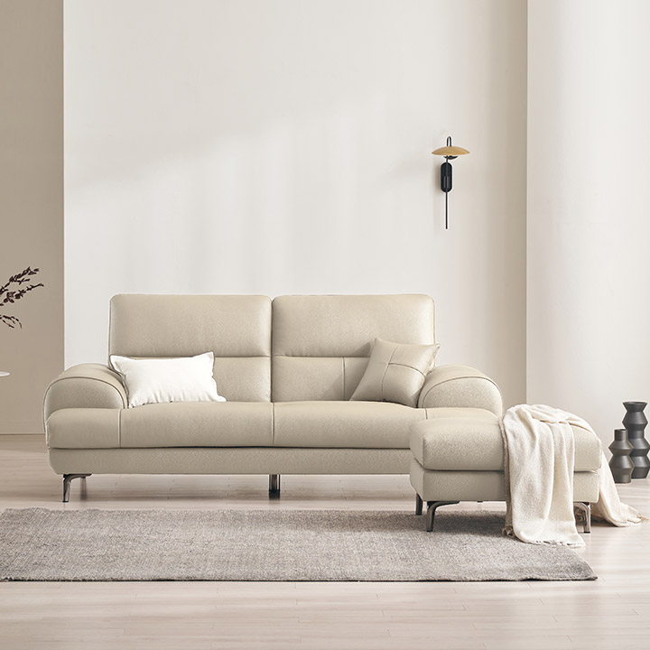 삼익가구 베이번 천연 통가죽 소파 스툴포함, 라이트베이지, 3인용