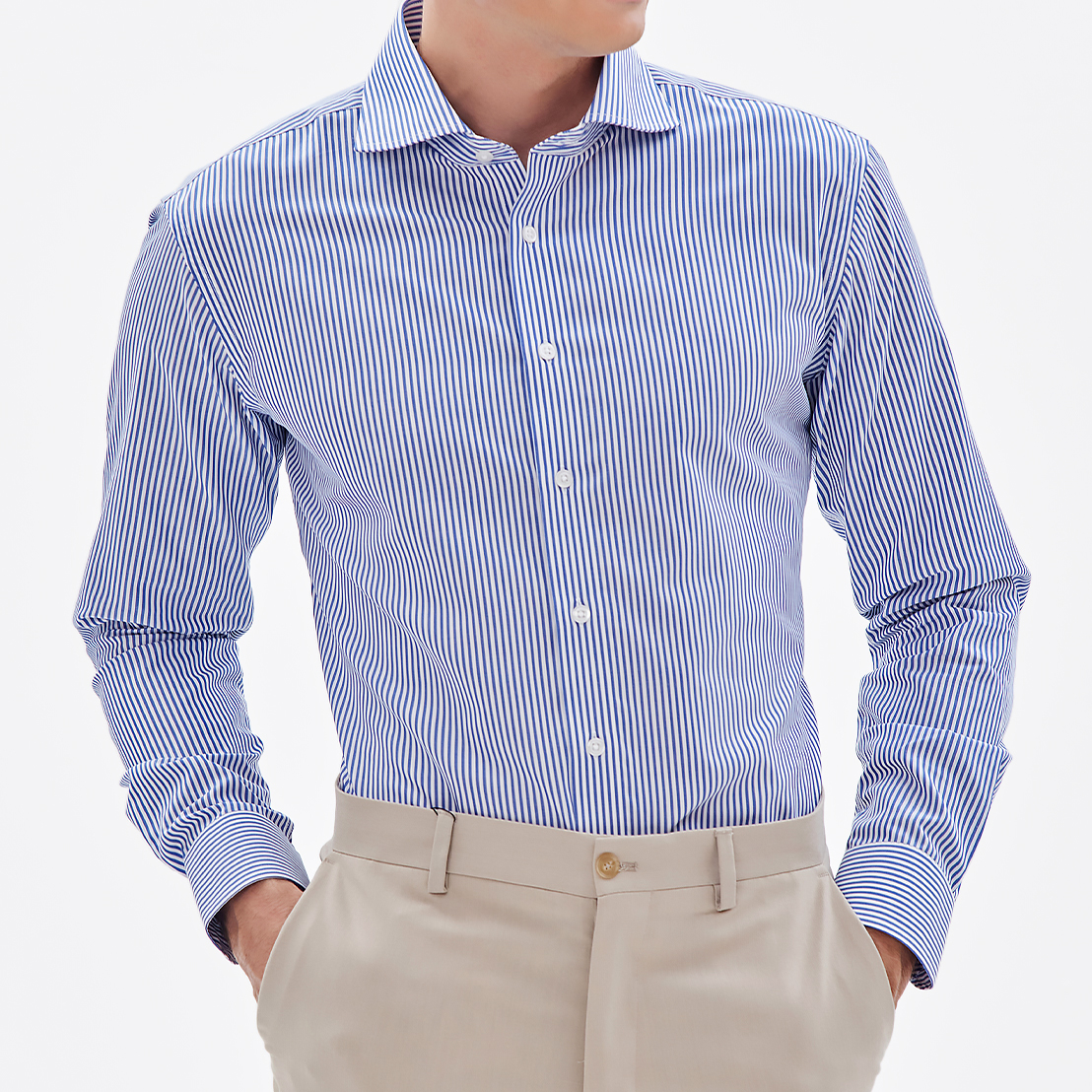 어반트 와이드카라 로열블루 스트라이프 남자셔츠 다림질 필요없는 순면 링클프리 와이셔츠 제품 이미지