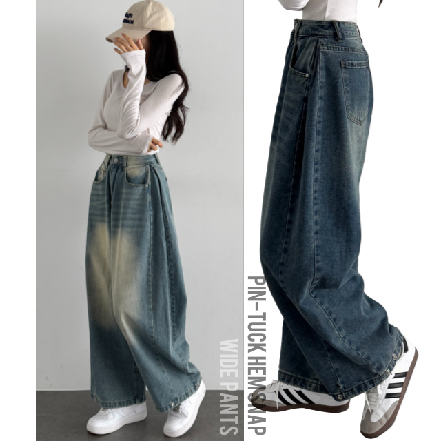 여성 롱팬츠 빈티지 워싱 밑단 스냅버튼 사이드 핀턱 와이드 데님 팬츠 - 상세 이미지 5