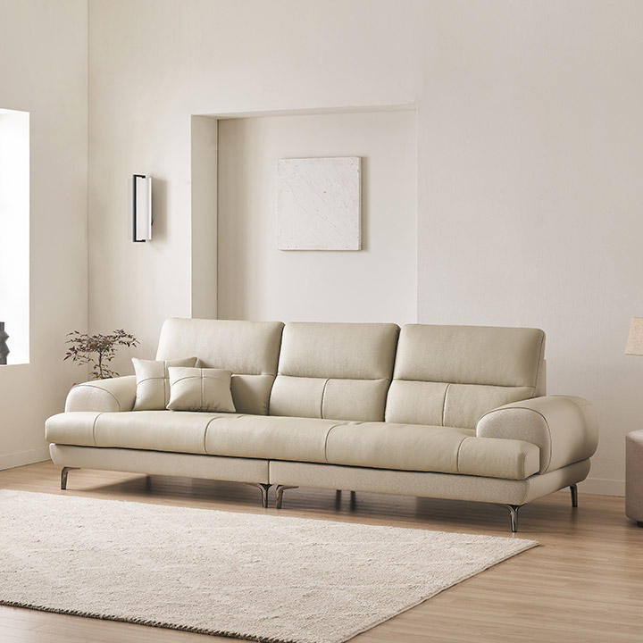 삼익가구 베이번 천연 통가죽 소파 스툴미포함, 라이트베이지, 4인용