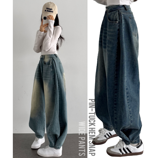 여성 롱팬츠 빈티지 워싱 밑단 스냅버튼 사이드 핀턱 와이드 데님 팬츠 - 상세 이미지 4