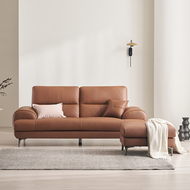 삼익가구 베이번 천연 통가죽 소파 스툴포함, 카멜, 3인용
