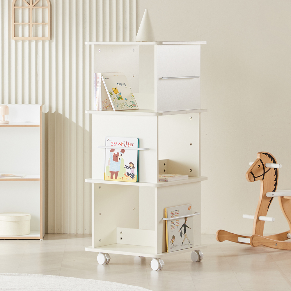 [+쿠폰&N포인트] 미누 전면 수납장 책꽂이 이동식 회전책장 3단 - 상품 이미지