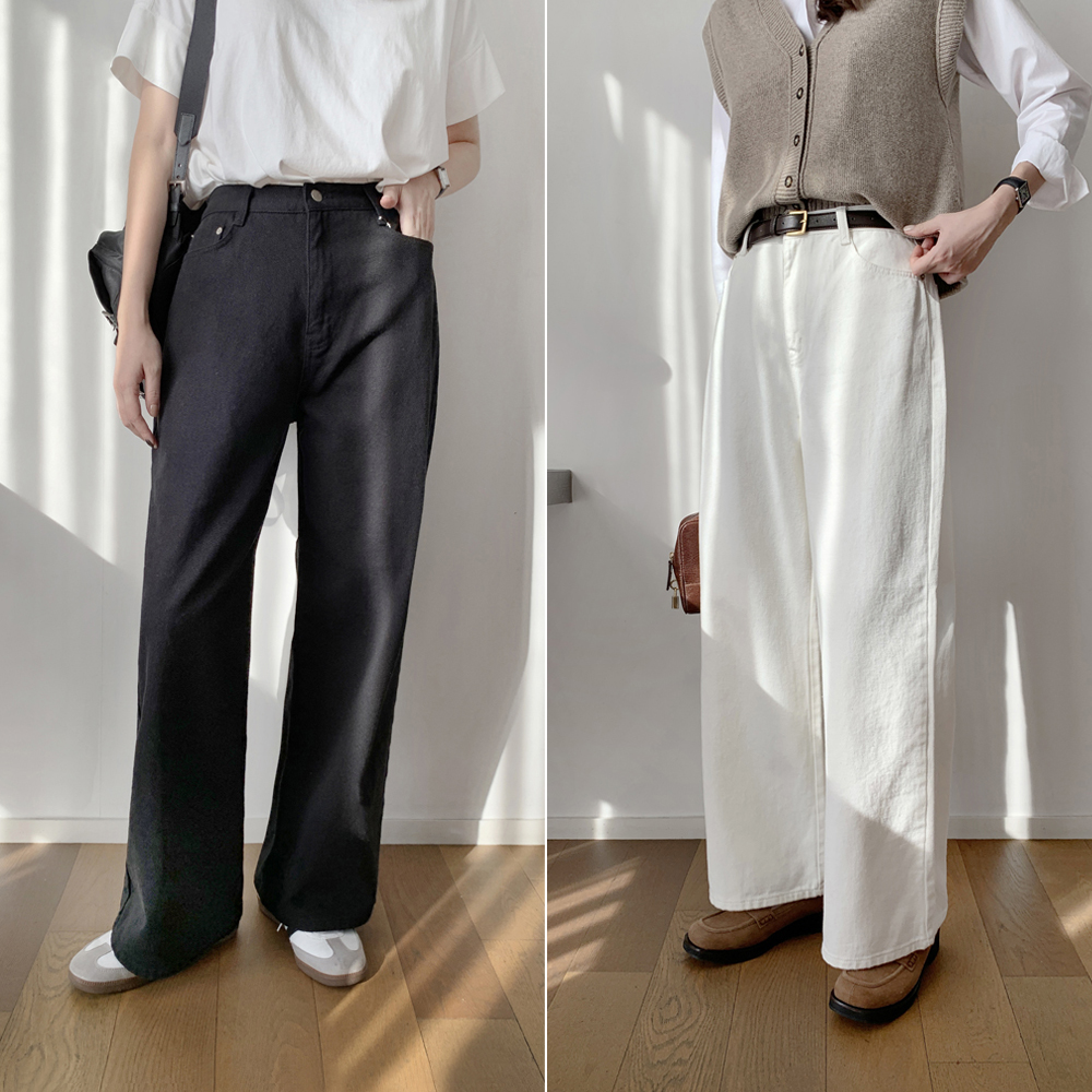 프리미엄 하이웨스트 코튼 세미 여자 와이드팬츠 여성 면바지 가을 통바지 일자바지 아이보리