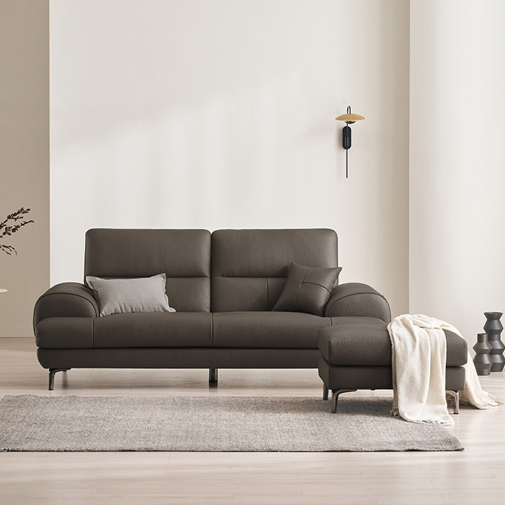 삼익가구 베이번 천연 통가죽 소파 스툴포함, 머드그레이, 3인용