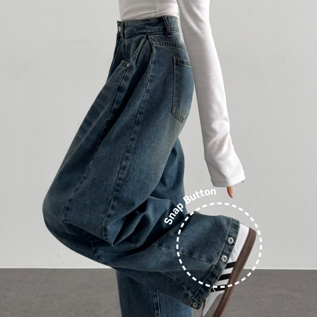 여성 롱팬츠 빈티지 워싱 밑단 스냅버튼 사이드 핀턱 와이드 데님 팬츠 - 상세 이미지 2