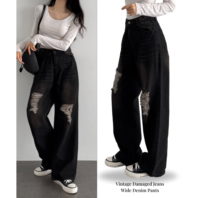 여성 롱팬츠 구제 힙무드 하이웨스트 데미지 워싱 와이드 팬츠 무파진 찢청 빈티지 데님팬츠 - 상세 이미지 2