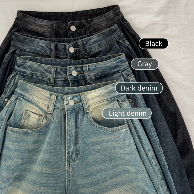 여성 롱팬츠 빈티지 워싱 밑단 스냅버튼 사이드 핀턱 와이드 데님 팬츠 - 상세 이미지 3