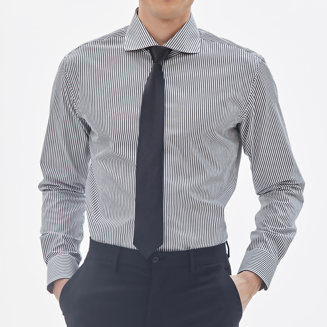 어반트 와이드카라 블랙 스트라이프 남자셔츠 다림질 필요없는 순면 링클프리 와이셔츠 제품 이미지