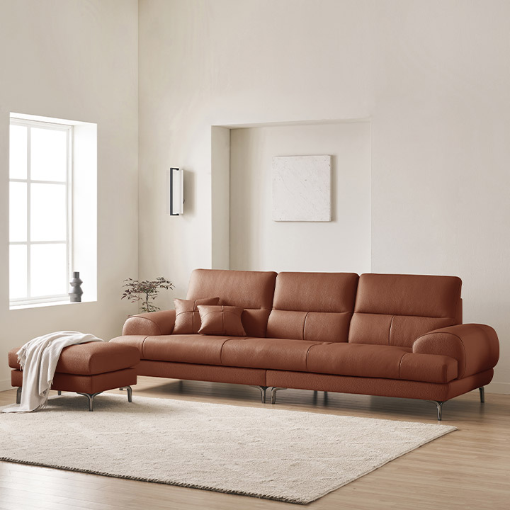 삼익가구 베이번 천연 통가죽 소파 스툴포함, 카멜, 4인용