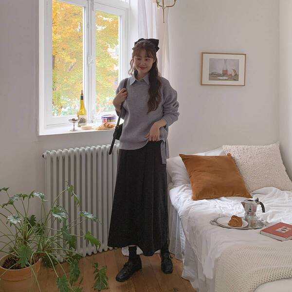레몬플레버 리트 박시 셔츠 옆 트임 스트랩 니트 세트 - 3Color : Lemon-Flav