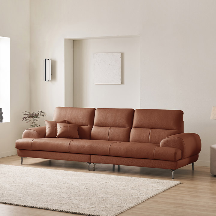 삼익가구 베이번 천연 통가죽 소파 스툴미포함, 카멜, 4인용