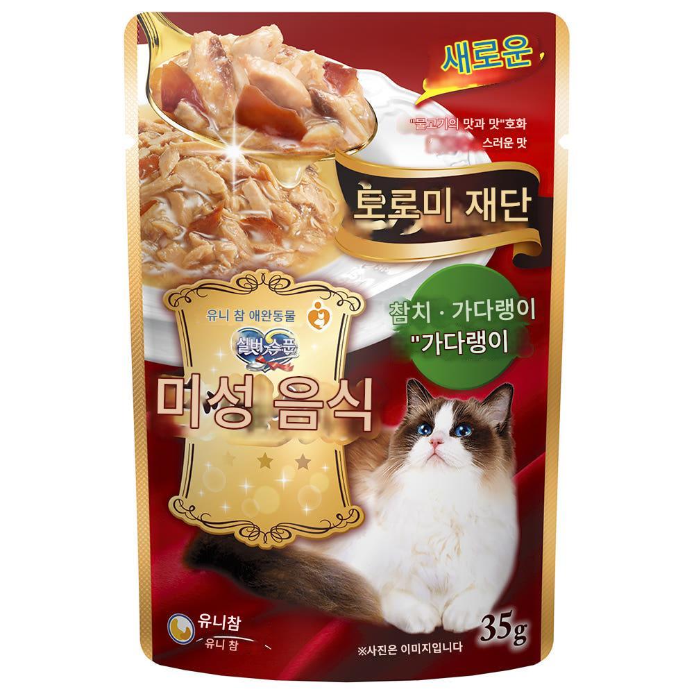 일본 참치 & 가다랑어 가쓰오부시 첨가 유니참 은의스푼 긴노스푼 미츠보시 구루메 파우치 토로미 걸쭉한 타입 35g 고양이사료 - 상세 이미지 2