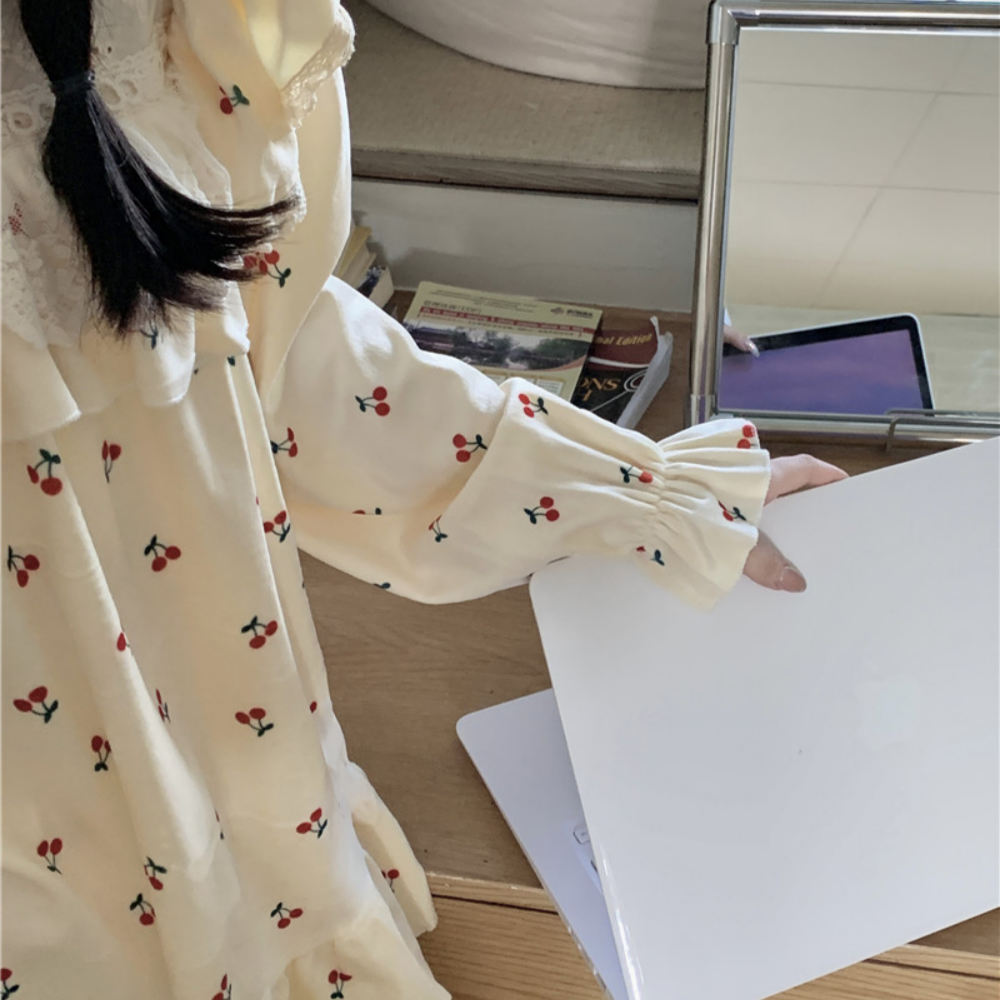 수면잠옷 기모잠옷 겨울파자마 체리 홈웨어 원피스 세트 이미지 7