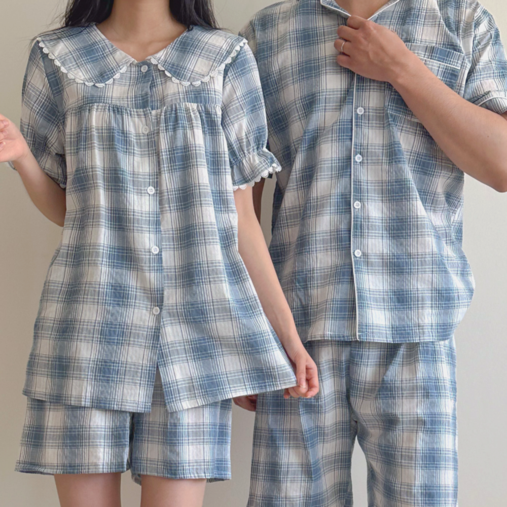 B급상품 커플파자마 여름잠옷 반팔 블루 레이스 남자 홈웨어 세트 - 상세 이미지 4
