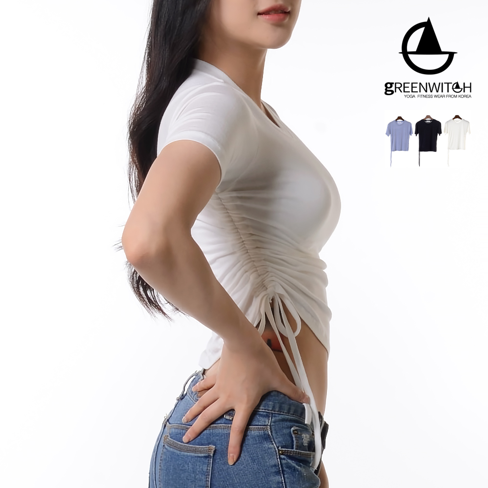 그리니치 요가복 옆스트링 크롭탑 슬림 반팔 티셔츠 이미지 8