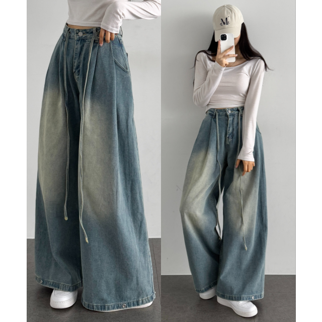 스냅버튼 스트링 유니크 힙 하이웨스트 허리 스트링 핀턱 와이드 롱데님 팬츠 - 상품 이미지