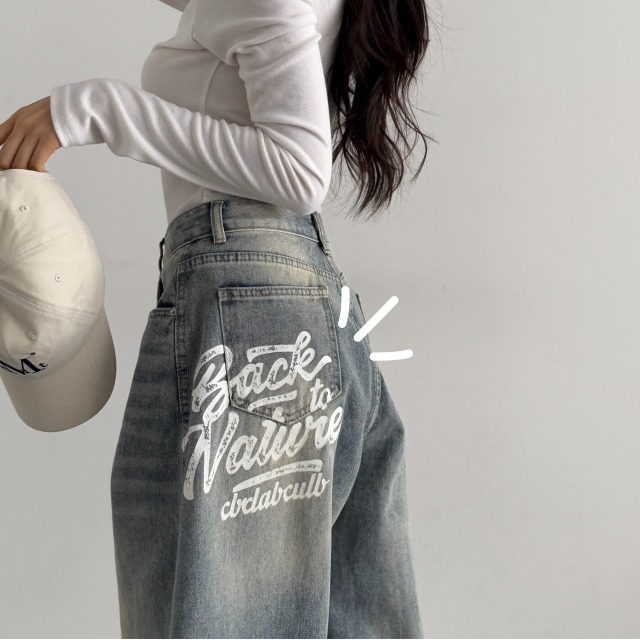 여성 사계절 롱팬츠 밑단스트링 백프린팅 하이웨스트 힙무드 와이드 캣워싱 데님 팬츠 - 상세 이미지 3