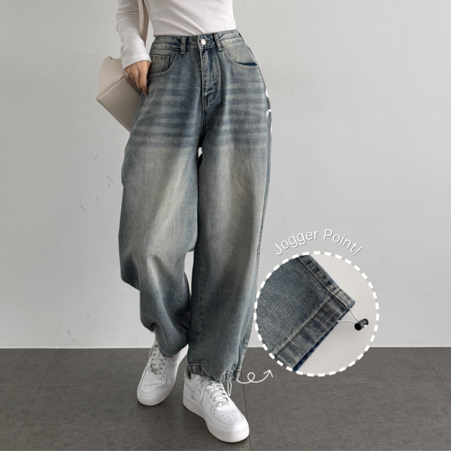 여성 사계절 롱팬츠 밑단스트링 백프린팅 하이웨스트 힙무드 와이드 캣워싱 데님 팬츠 - 상품 이미지