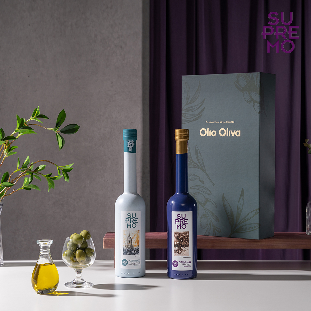 수프리모 엑스트라버진 올리브오일 500ml 2종 선물세트, 그린 쇼핑백 동봉 - 상품 이미지