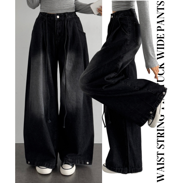 스냅버튼 스트링 유니크 힙 하이웨스트 허리 스트링 핀턱 와이드 롱데님 팬츠 - 상세 이미지 2