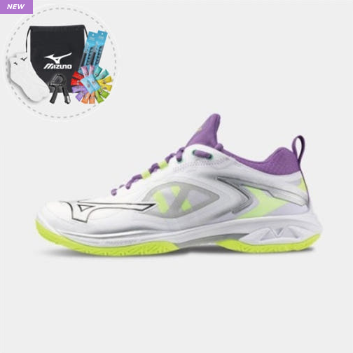 미즈노 MIZUNO 웨이브 클로네오3 핏 71GA247212 화이트 퍼플 배드민턴화 배구화 탁구화 인도어화 핸드볼화 체대입시화 - 상품 이미지