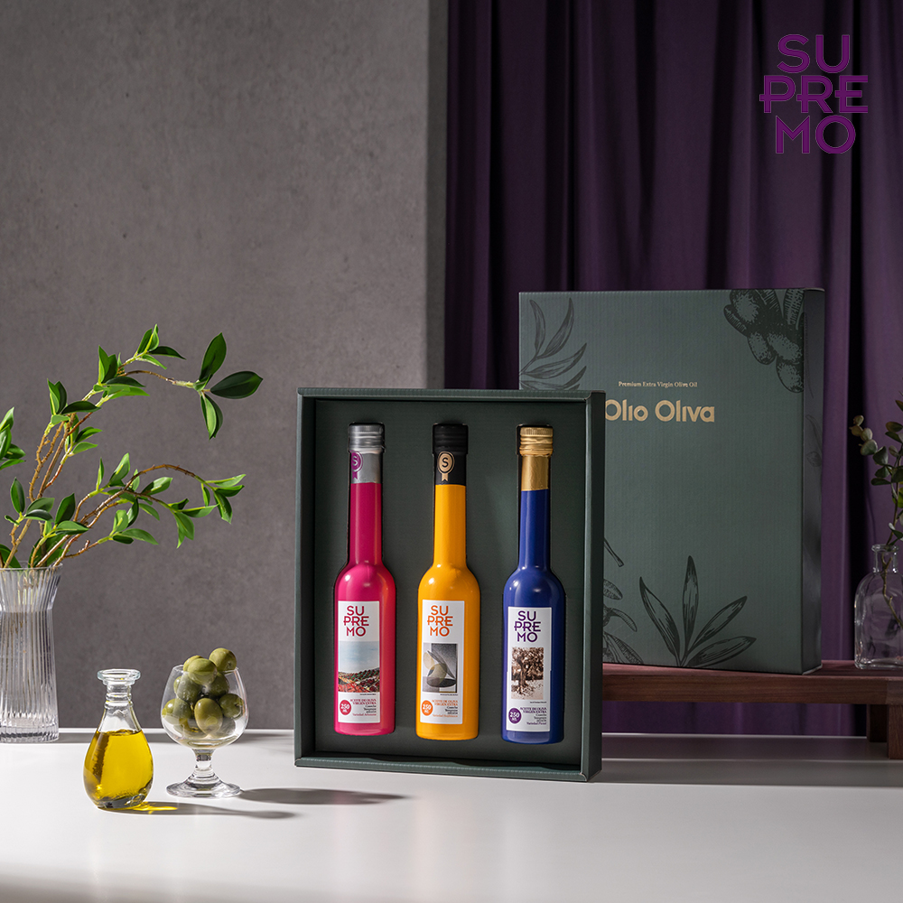 수프리모 엑스트라버진 올리브오일 250ml 3종 선물세트, 그린 쇼핑백 동봉 - 상품 이미지